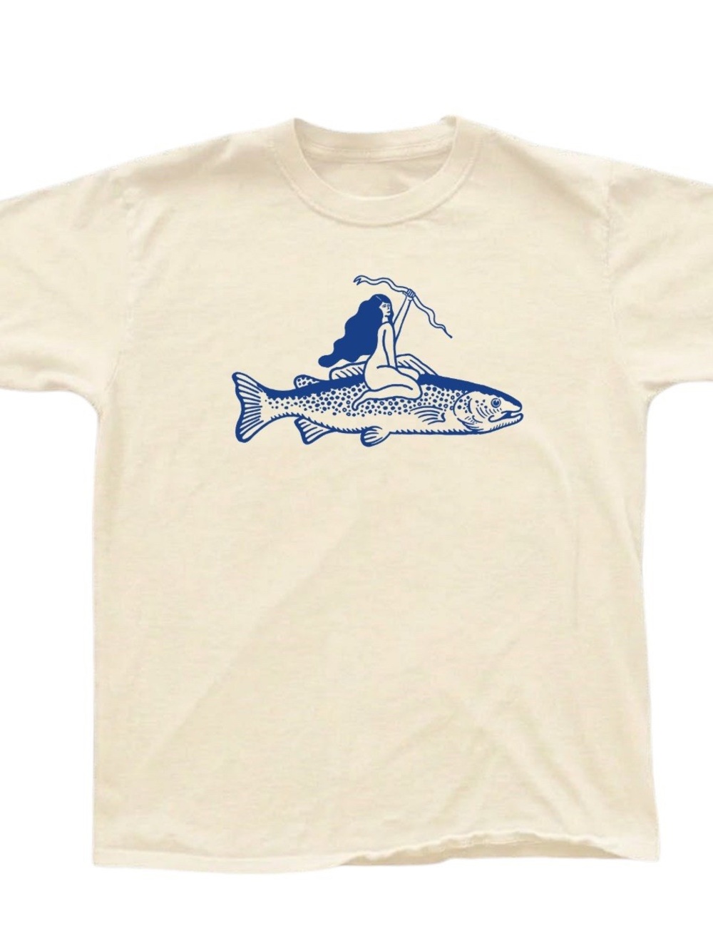 Gildan Cream Tee with Blue Fish Rider Graphic, Gift For Her , For Him